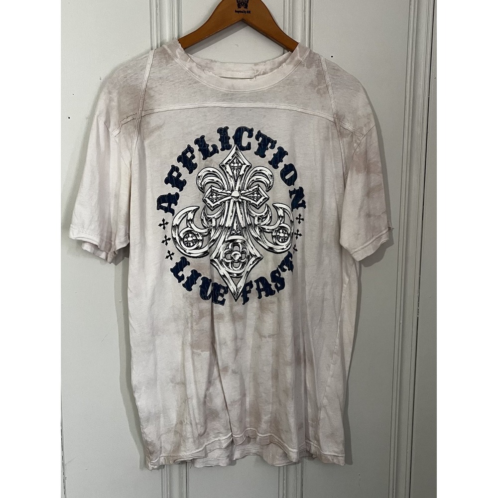 Affliction Men's XL Short Sleeve T-Shirt Crew Neck Distressed Tea Stained White